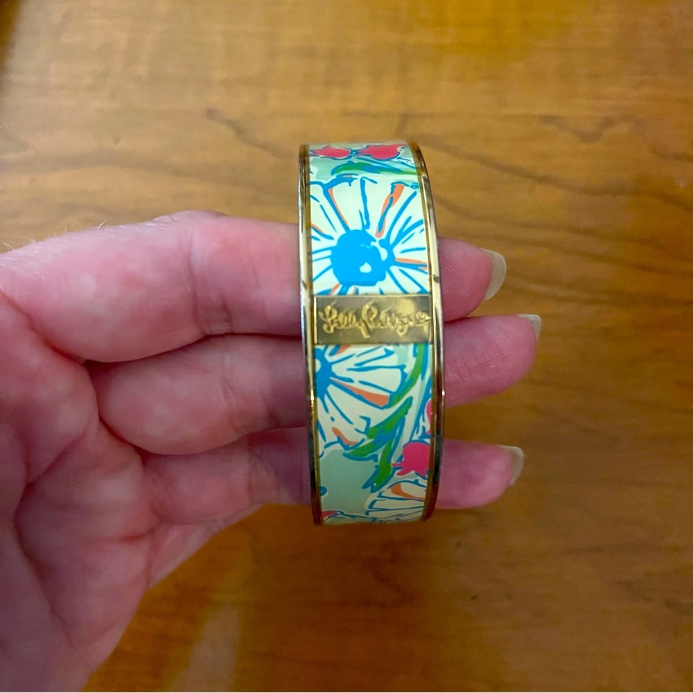 Lilly Pulitzer Photo Dome Bangle Gold With Tropical Print Splish Splash Blue - Picture 2 of 4